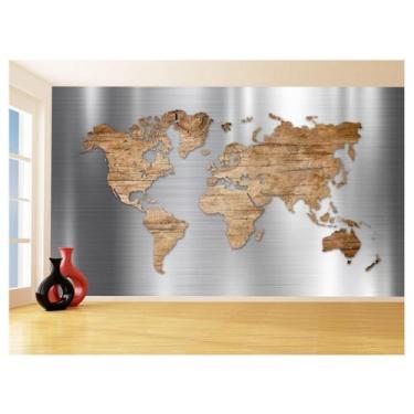 Imagem de Papel De Parede 3D Mapa Mundi Aço Escovado Wood 3,5M Nmu64 - Você Deco
