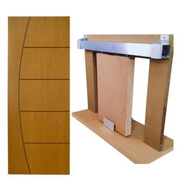 Imagem de Kit Porta Madeira Frisada 4022  - 90x210 + Trilho Correr 1,80 Natural 