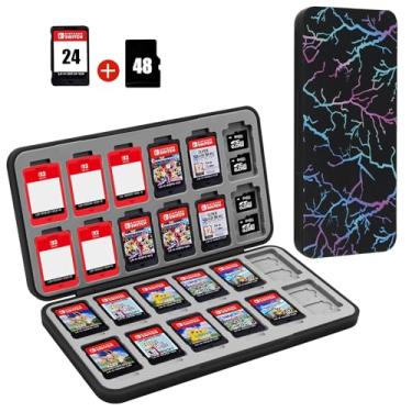 Imagem de FYY Suporte Para Estojo De Jogos Nintendo Switch - Cartucho Preto Relâmpago Com 24 Compartimentos Cartões E 48 Micro Sd, Capa Rígida, Revestimento Silicone