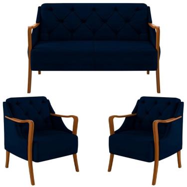 Imagem de Kit Namoradeira 135cm E 2 Poltronas Decorativas Capitonê Lapa M22 Veludo Azul Marinho - Mpozenato