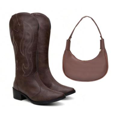 Imagem de Kit Bota Feminina Cano Alto Anna Andrade Western Bico Fino Texana Bordada Salto Baixo Bolsa Café  feminino