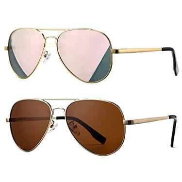 Imagem de Óculos de sol aviador polarizado infantil – Óculos de sol polarizados HOHENS para rosto pequeno, feminino, masculino, lentes de proteção UV400, 52 mm, Pacote com 2 (espelho prateado/roxo + espelho dourado/verde), MM
