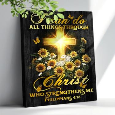 Imagem de Amsnkee Arte em tela sem moldura de 30 x 40 cm, decoração de parede cristã, cruz com versículo da Bíblia Filipenses 4:11, envoltório inspirador de galeria de escrituras pronto para pendurar em casa