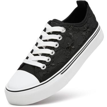 Imagem de ZGR Tênis de verão feminino, casual, respirável, de malha, renda, lona, tênis branco com flores bordadas, Preto, 38