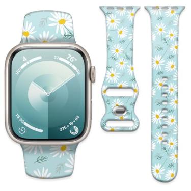 Imagem de Pulseira de relógio compatível com Apple Watch de 38 mm, 40 mm, 41 mm e 42 mm, pulseira de substituição com fecho clássico para Apple Watch Series SE 10, 9, 8, 7, 6 5 e Utral (flores brancas)