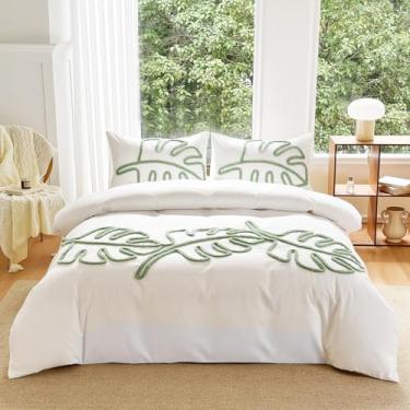 Imagem de MEILA Conjunto de capa de edredom de microfibra lavada, tamanho Queen, design de folha adornada, conjunto de cama com 3 peças, bordado texturizado boêmio macio com zíper e laços de canto, 229 cm x 228