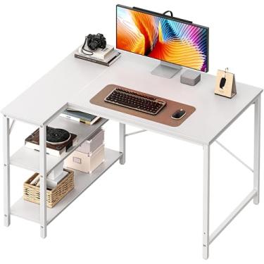 Imagem de Huuger Mesa em forma de L, mesa de computador de 99 cm com prateleiras de armazenamento reversíveis, para canto de jogos, estudo de escrita, escritório em casa, moldura de metal, branca