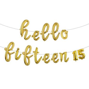 Imagem de Decorações de aniversário de 15 anos para meninas 15º aniversário Hello Fifteen Birthday Party Supplies Número 15 Balões Kit de festa de aniversário de 15 anos para sua menina (L HELLO FIFTEEN 15 gold