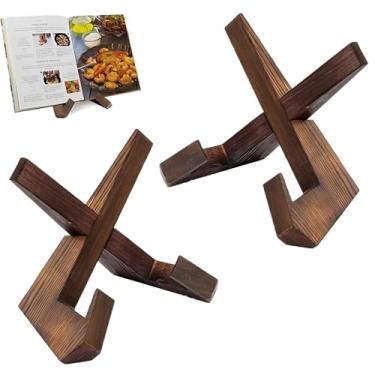 Imagem de Suporte de livro de receitas para cozinha, suporte de receitas de cozinha ajustável de madeira e suporte de exibição de livros, suporte multifuncional rústico para livros de culinária, marrom.