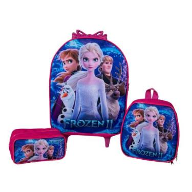 Imagem de Kit Mochila Escolar Infantil Frozen Carrinho Lancheira Estojo Rosa - D