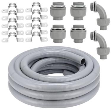 Imagem de Kit de conector de conduíte resistente a líquido, kit de conduíte elétrico flexível não metálico, tubo de conduíte elétrico externo à prova d'água, acessórios retos/angulares, grampos (3,5 cm x 15,2 m