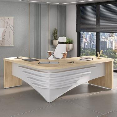 Imagem de Kit Com Mesa Para Escritório Diretor Em L E Cadeira De Escritório Presidente Lisboa Espresso Móveis Carvalho-branco