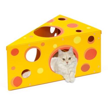 Imagem de Leiruosi Casa de papelão para gatos com arranhador – design de queijo, casa de brinquedo e esconderijo para gatos internos/externos, brinquedo de arranhar gatos corrugados para gatinhos, coelhos