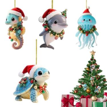 Imagem de Rrlihjgu Ornamento De Acrílico Para Árvore De Natal | Decoração De Pendurado De Animais Marinhos Em Acrílico Para Natal | 4 Peças De Arte Plana 2D Para Ambiente De Casa Fazenda Janela Varanda Café