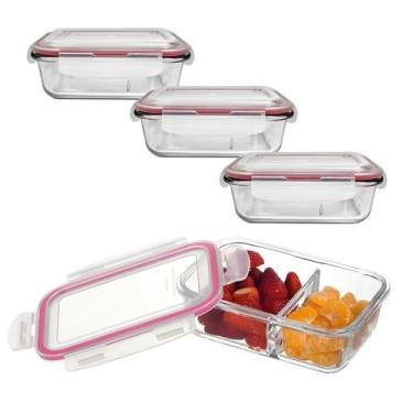 Imagem de Kit 3 Potes de Vidro 1430ml Divisória Hermético Marmita Fit Quadrada C