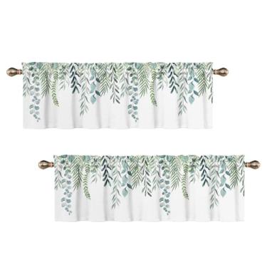 Imagem de Uiiooazy Sanefas de cozinha folhas verdes eucalipto folhas de salgueiro ramos plantas sanefa para janela pequena 106x45 cm cortina de janela com bolso de haste para sala de estar quarto 2 painéis