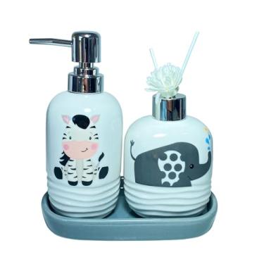 Imagem de Kit Banheiro Lavabo Porcelana 3 Peças Porta Sabonete Líquido Aromatizador e Bandeja Estampa Animais