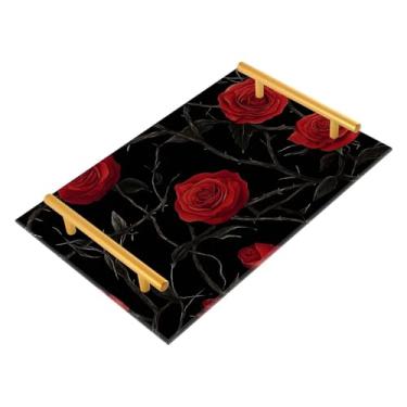 Imagem de Bandeja organizadora de bancada de banheiro, flor de rosa vermelha, preta, organizador de vaidade de banheiro para perfume, maquiagem, balcão de cozinha, decoração de mesa de centro