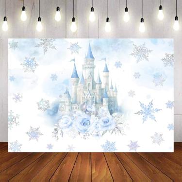 Imagem de Aumeko 2,1 x 1,5 m Fundo de castelo de gelo de inverno flocos de neve congelados país das maravilhas princesa aniversário floco de neve conto de fadas aquarela flores decorações de festa para meninas
