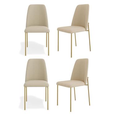 Imagem de Kit 04 Cadeiras Sala de Jantar Lior com Encosto Estofado Base Dourada Linho Bege - Desk Design