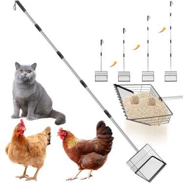 Imagem de Ancinho para cocô de galinha 2 em 1, cabeça de pá de metal, acessórios de galinheiro com alça de aço inoxidável ajustável para galinheiro e limpeza de resíduos de animais de estimação para galinheiros