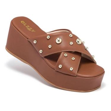 Imagem de Tamanco Plataforma Feminino Olzzy com Tiras Largas Cruzadas e Cravos D