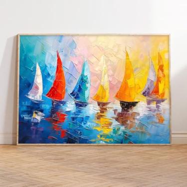 Imagem de Quadro colorido de veleiro pintura abstrata barco náutico tela de veleiro arte de parede azul e amarelo impressão costeira colorida pôster abstrato oceano imagens de barco costeiro para quarto 40 x 61