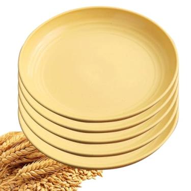 Imagem de YuanQ Conjunto de pratos de jantar com 5 peças, inquebrável, reutilizável, leve, placa de borda lisa, lavável na lava-louças e no micro-ondas (amarelo, 20 cm)