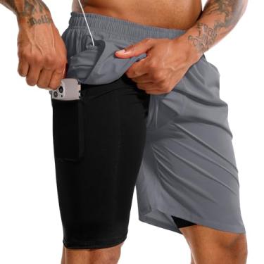 Imagem de Tenjoy Shorts masculino 2 em 1 para corrida, treino, academia, atlético, shorts de secagem rápida, 17,78 cm, com bolso para celular
