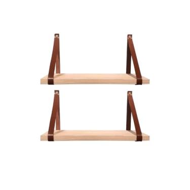 Imagem de Kit 2 Prateleiras de Madeira Com Alça de Couro Suspensa Decorativa Para Casa Quarto Sala (Caramelo, 40x20)
