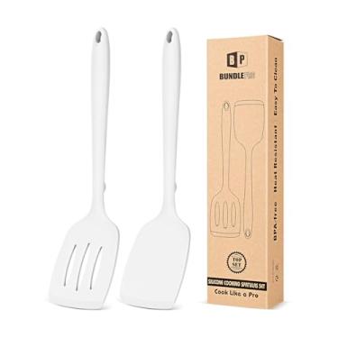 Imagem de Pacote com 2 espátulas de silicone, conjunto de espátulas de cozinha antiaderentes, resistentes ao calor, sem BPA, design de uma peça, adequado para virar peixe, ovos, bifes, panquecas (branco)