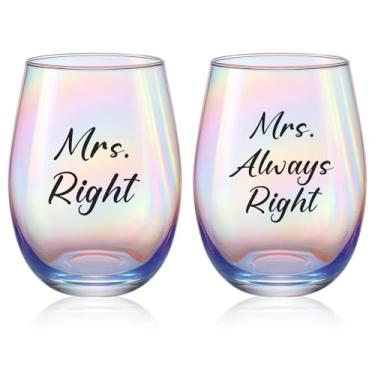 Imagem de Maxdot Presentes com tema de Natal para lésbicas Mrs Right Mrs Always Right Taças de vinho arco-íris gravadas para casal lésbico presente de casamento aniversário de noivado ou presente de