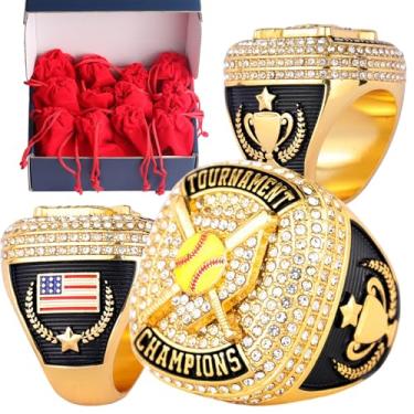 Imagem de TOPSPORTSJEWELRY Pacote de 2 peças ou 12 peças de Softball Homeplate Championship Trophy Ring Award for Tournament Teams and Palyers Awards Tamanho 9,5 Ouro Prata e Bronze (12 peças Gold Champions