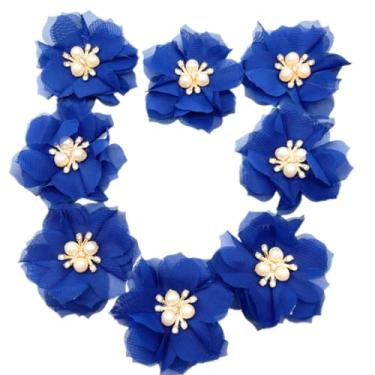 Imagem de Lmlliang Flores de tecido, 10 peças, azul royal, chiffon, strass, flor de tecido com babados e costas planas para fazer tiaras de cabeça, flores artesanais, aplique de costura de 60 mm