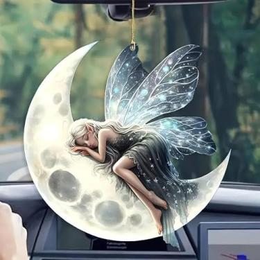 Imagem de Pingente de fada da lua, pingente de acrílico para carro, apanhadores de sol, esculturas de jardim e estátuas, ornamentos de coleta de luz de jardim, adequados para decorações de festas de Natal e