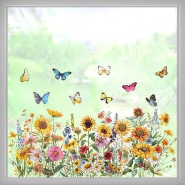 Imagem de Decalques de janela florais de girassol grande, 60 cm x 30 cm, margarida, borboleta, vidro, adesivos, adesivos, película, silhueta, sala de estar, quarto, decoração de vidro para casa