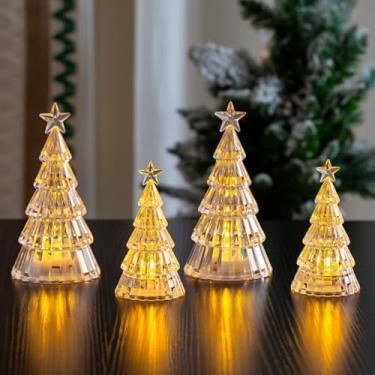 Imagem de 1 peça de árvores de Natal de cristal de dois tamanhos: mini decoração de mesa de 15 cm e 11 cm com luz automática - ornamentos de LED âmbar brilhantes para crianças (como estrelas quentes na imagem
