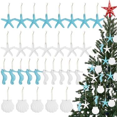 Imagem de 30 peças de enfeites de árvore de Natal costeira decorações de árvore a granel resina estrela do mar conchas cavalo marinho oceano tema náutico pendurado com furo perfurado corda para presente de