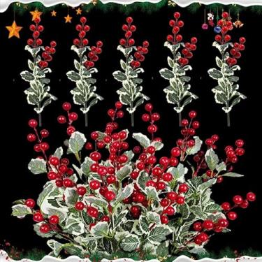 Imagem de 5 peças guirlanda artesanal de Natal com flores vermelhas e folhas de azevinho para enfeites de árvore de Natal, festa de ano novo, suprimentos para casa