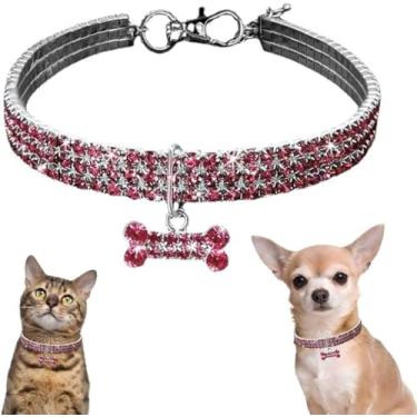 Imagem de Coleira de cachorro de strass rosa para cães pequenos, colar de gato de diamante, joia de cristal com glitter, coleira de filhote de cachorro com pingente de osso para PPP XS pequeno animal de