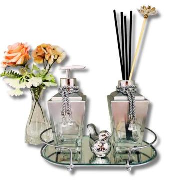 Imagem de Kit Lavabo Banheiro Com Difusor Saboneteira e Bandeja Super Luxo Cinza