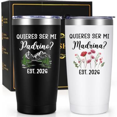 Imagem de Gtmileo Presente de pedido de padrinhos 2026, Quieres Ser Mi Padrino Madrina conjunto de copos isolados de aço inoxidável, presentes Will You be My Godparents em espanhol, presentes Padrinos De