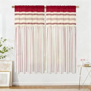 Imagem de FRAMICS Cortinas de linho para sala de estar, cortina de janela listrada vermelha, cortinas de fazenda, para quarto, boho, crochê, 153 cm de comprimento, conjunto de 2 painéis, cortinas de bolso para