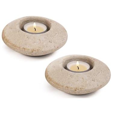 Imagem de Elysian Marble Castiçal de luz de chá 10 cm feito à mão travertino conjunto decorativo de 2 castiçais votivos para decoração de casa, centros de mesa de casamento, mini velas e decoração de mesa