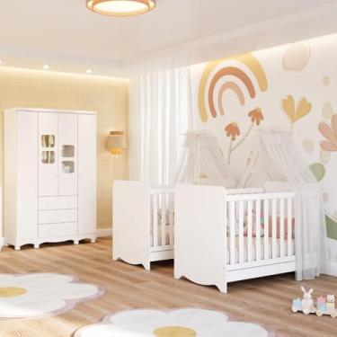 Imagem de Quarto de Bebê Gêmeos 2 Berços Americano Ben Guarda Roupas 4 Portas Uli 100% mdf