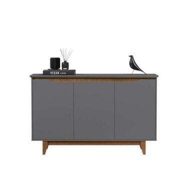 Imagem de Buffet Aparador 3 Portas Mdf Pés Madeira Hall De Entrada Flow Sala De Estar Cozinha Cinza