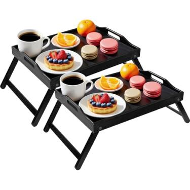 Imagem de WAAYAA Pacote com 2 bandejas de cama de bambu com alças e pernas dobráveis, bandeja de servir café da manhã, mesa de laptop para cama ou sofá, ideal para trabalhar, estudar, lanchar - preta