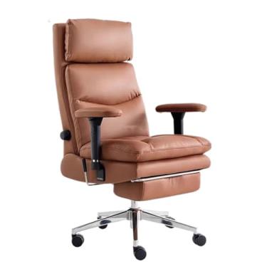 Imagem de Cadeira de escritório ergonômica com encosto alto, apoio para os pés retrátil e apoio lombar ajustável - Cadeira de escritório reclinável de couro com braços acolchoados,Brown
