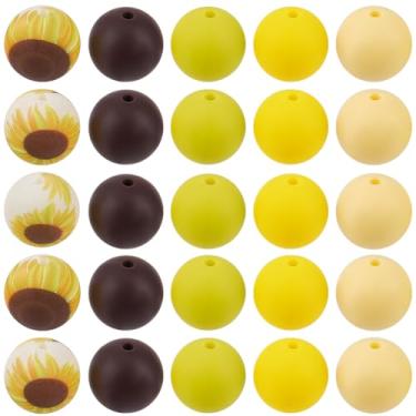 Imagem de SUNNYCLUE 80 peças de contas espaçadoras de silicone de 15 mm contas redondas de silicone a granel caneta de borracha macia amarela espaçadores focais soltos para canetas com contas, pulseiras