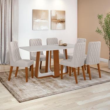 Imagem de Conjunto Sala De Jantar Mesa Easy Pop 170x90cm Tampo Vidro/mdf Com 6 Cadeiras Seat Linho Mosaico Cinza Frassino/off